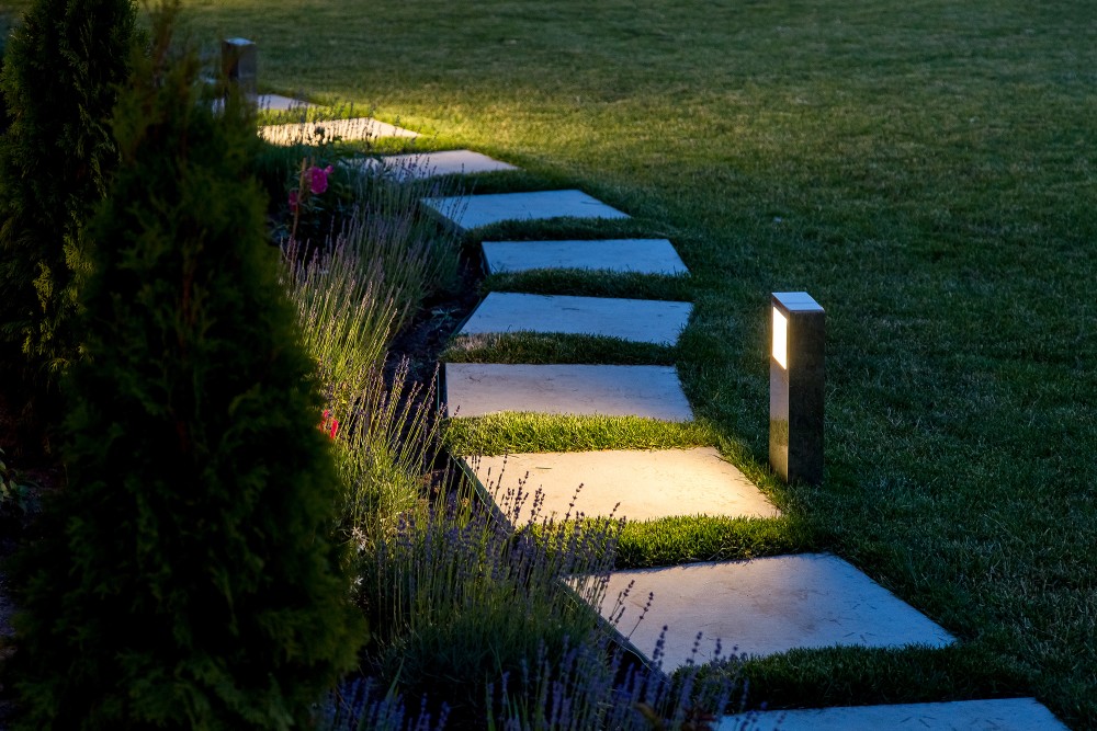 stone walkway with lighting